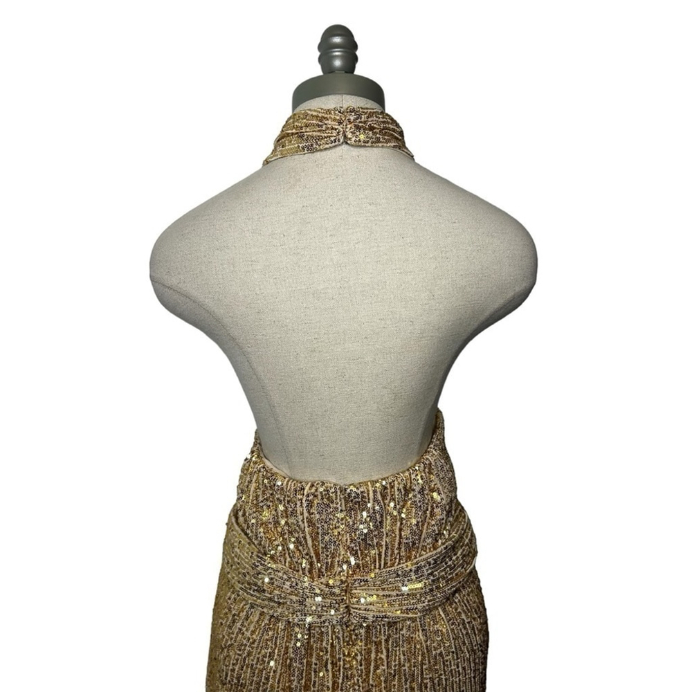 MAC DUGGAL 11281 Gold Champagne Sequin Halter Neck Belted Soft Tie Maxi Dress 14 - Picture 10 of 15